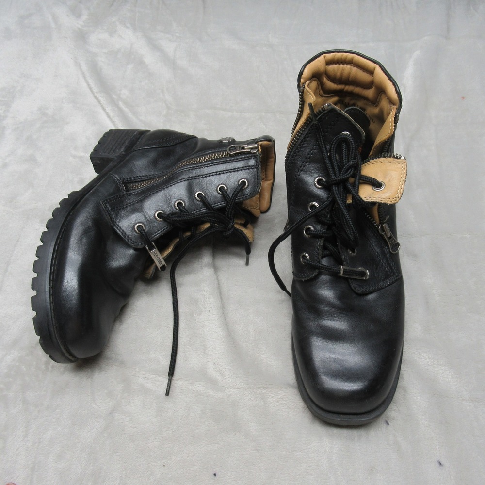 Harley Davidson Womens 7.5 Boots Black Leather Dual Zip Combat Biker Motorcycle